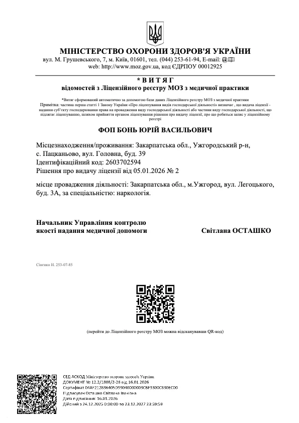 Ліцензія лікаря-нарколога Боня Юрія Васильовича